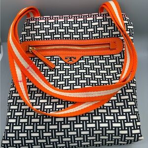 Tory Burch reversible tote bag black basket weave orange with leather detail